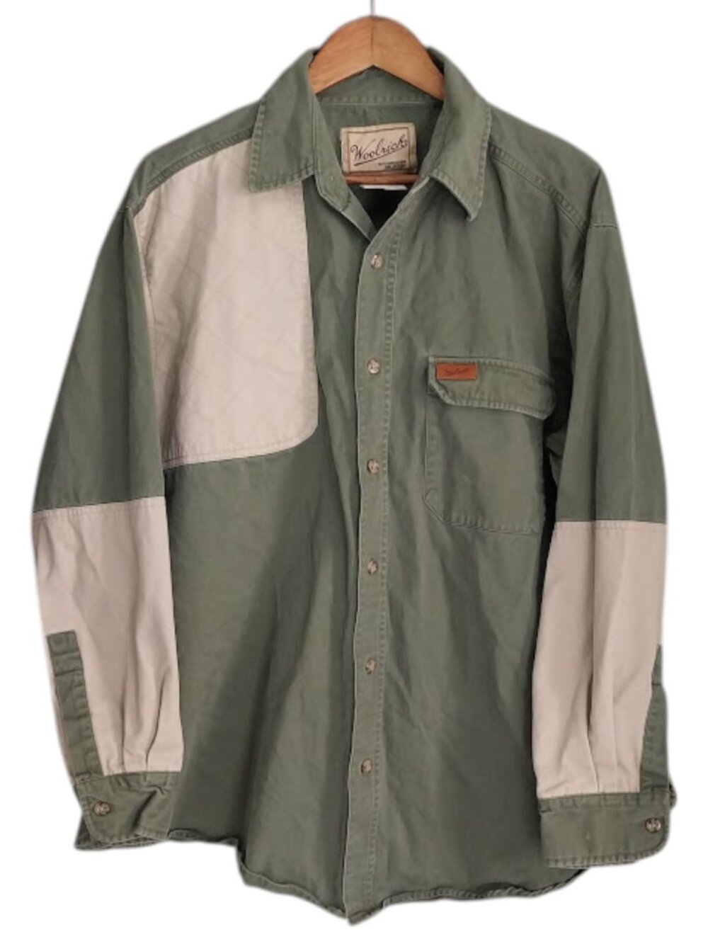 Vtg Woolrich Shooting Shirt Size L (42-44) Olive Green Quilted Shoulder Hunting
